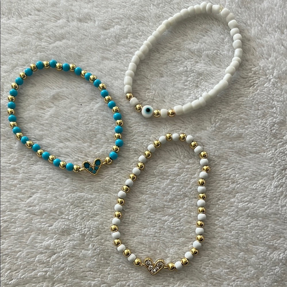 Gold and White Beaded Bracelet Trio